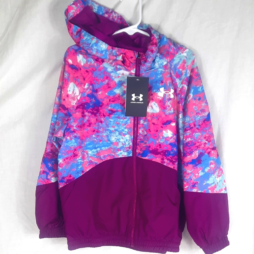 Under Armour Girls Woven Full Zip Hooded Jacket Size YXS Mystic Magenta Loose